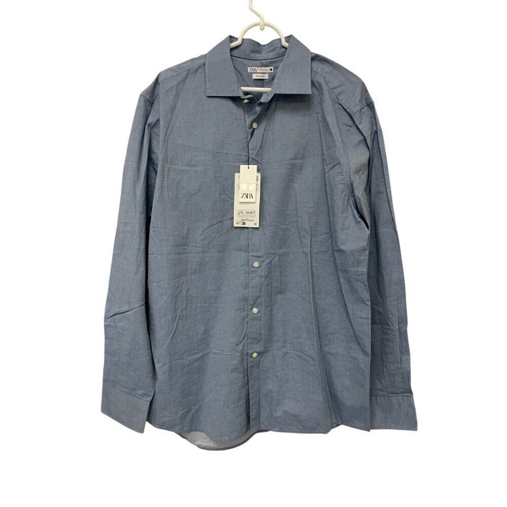 Zara Mens Shirt XL Blue Chambray Regular Fit Button Up Long Sleeve 0975/200 NWT